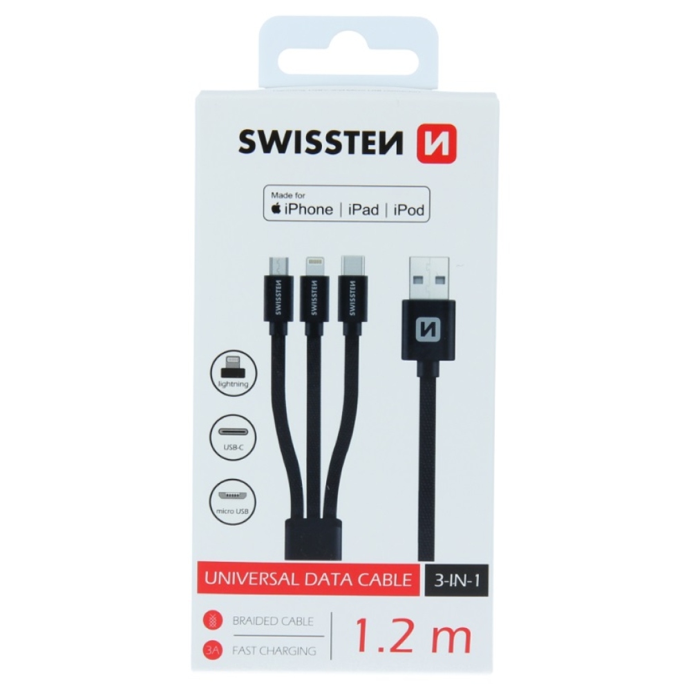 Swissten tkaný kábel 3v1 MFI 1,2m (Lightning, USB-C, Micro USB) - čierny