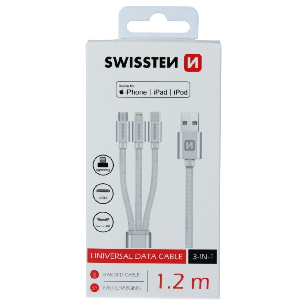 Swissten tkaný kábel 3v1 MFI 1,2m (Lightning, USB-C, Micro USB) - strieborný