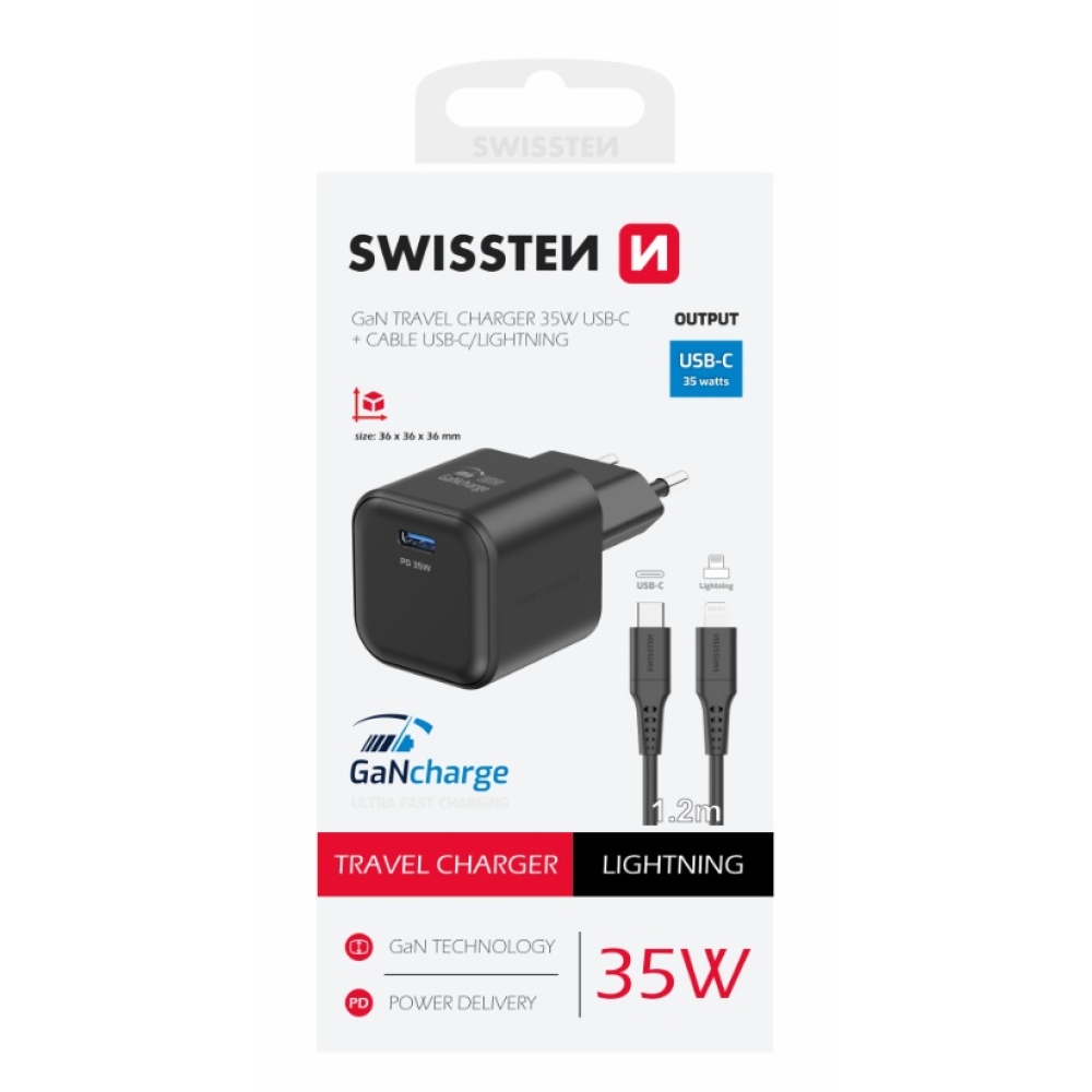 Nabíjačka Swissten GaN 1x USB-C 35W power delivery + kábel USB-C/Lightning 1,2m - čierna