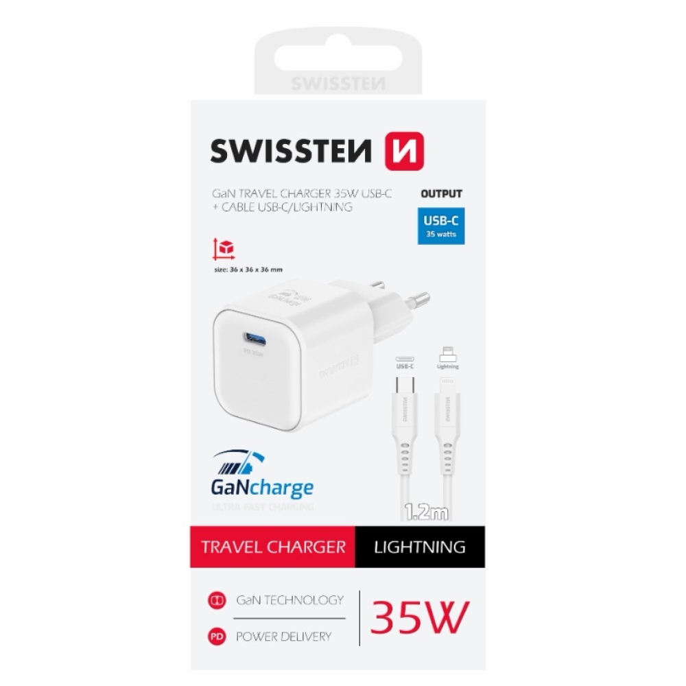 Nabíjačka Swissten GaN 1x USB-C 35W power delivery + kábel USB-C/Lightning 1,2m - biela
