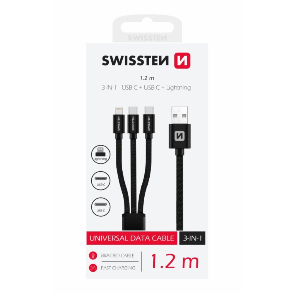 Swissten tkaný kábel 3v1 MFI 1,2m (Lightning, 2x USB-C) - čierny